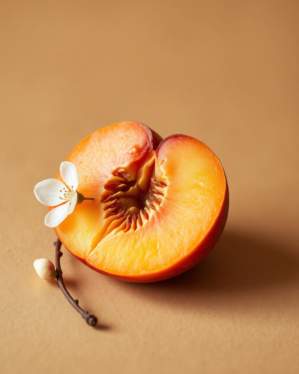 A halved ripe peach with blossom