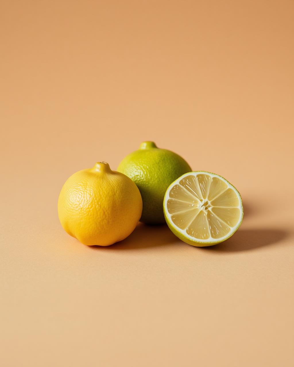 Fresh yuzu and lime on a warm sand surface