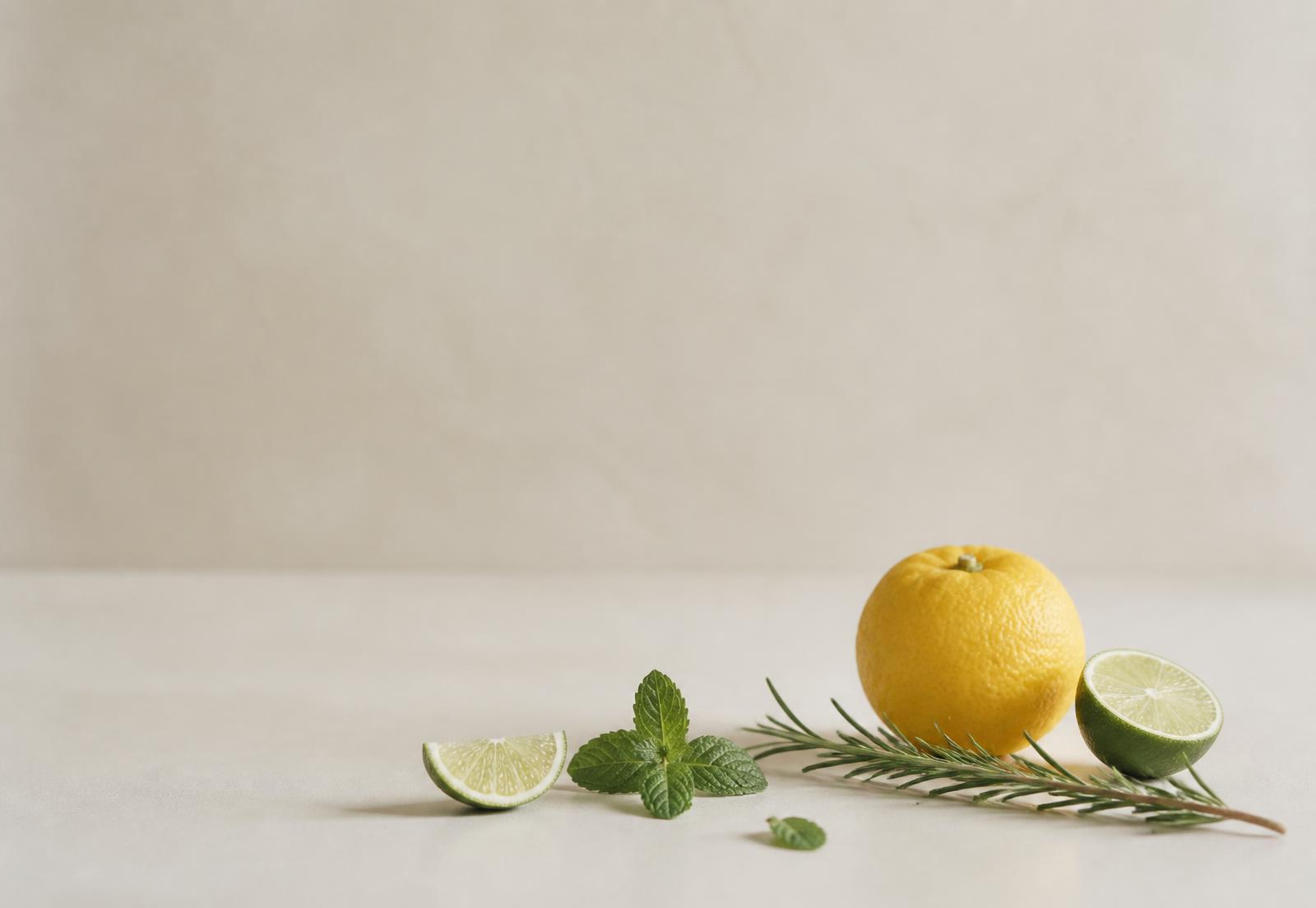 Still life of yuzu, lime and fresh herbs on a sand-coloured surface